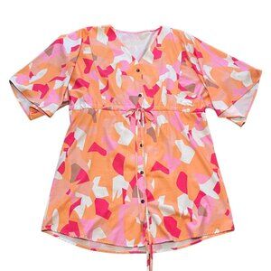 Pink + Orange Button Down Casual Lightweight Short Sleeve Dress - XL